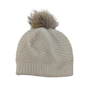 Annabelle Real Fur Dyed Raccoon Pompom Knitted Toque Ivory Winter Ribbed OS
